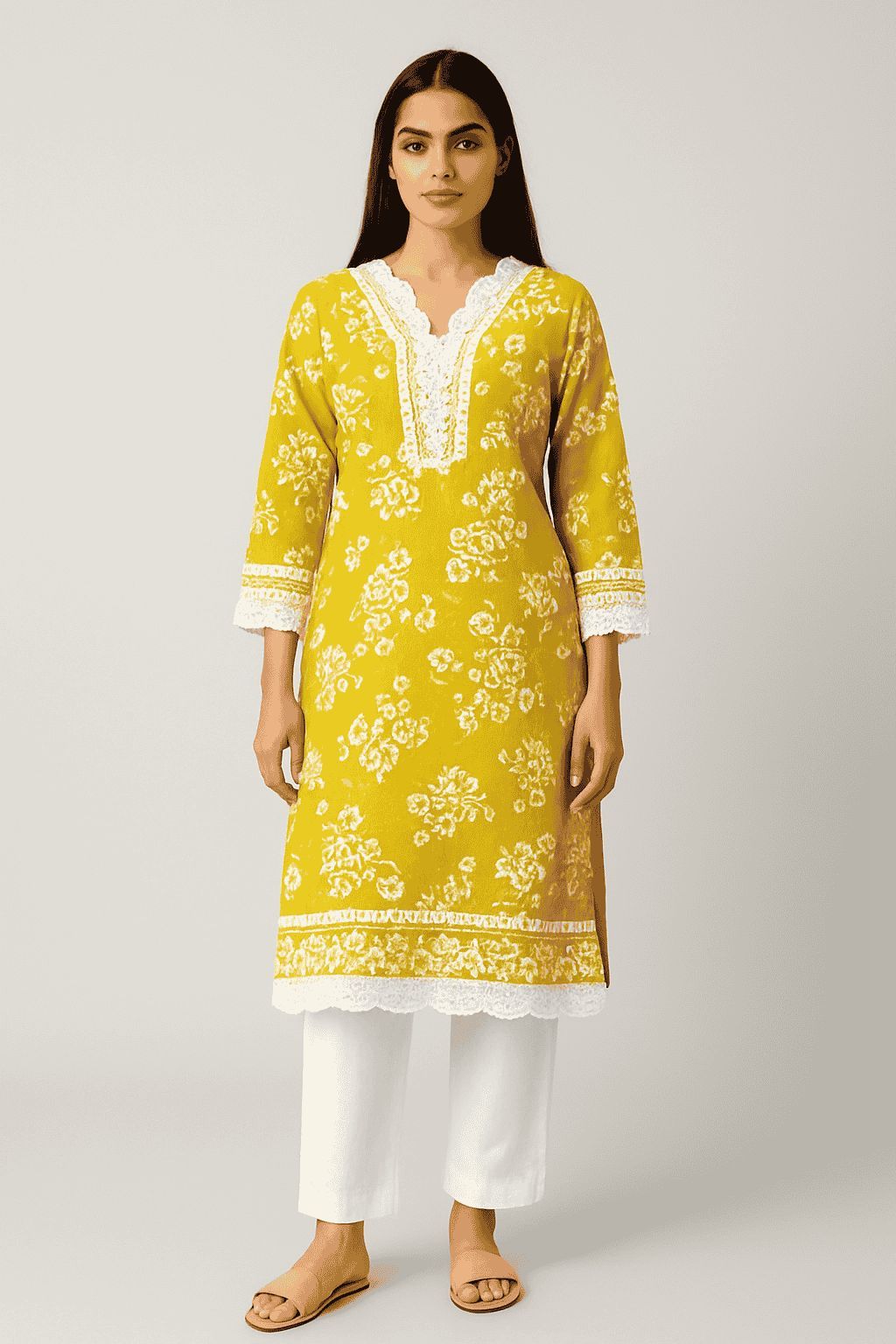 Shree Shanti Selection - Mustard Yellow Floral Kurti